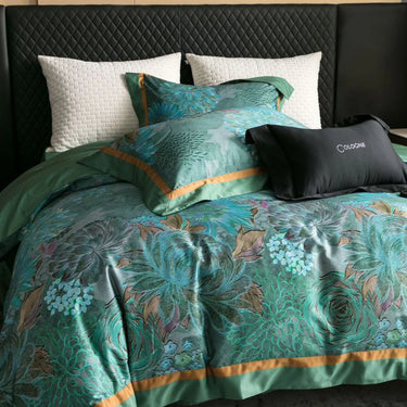 Luxury Green Gold Accent Floral Print 1000TC Egyptian Bedding Set
